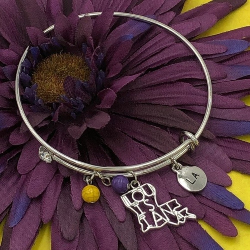 🌼 Louisiana State Shape Silver Charm Bangle Bracelet LSU